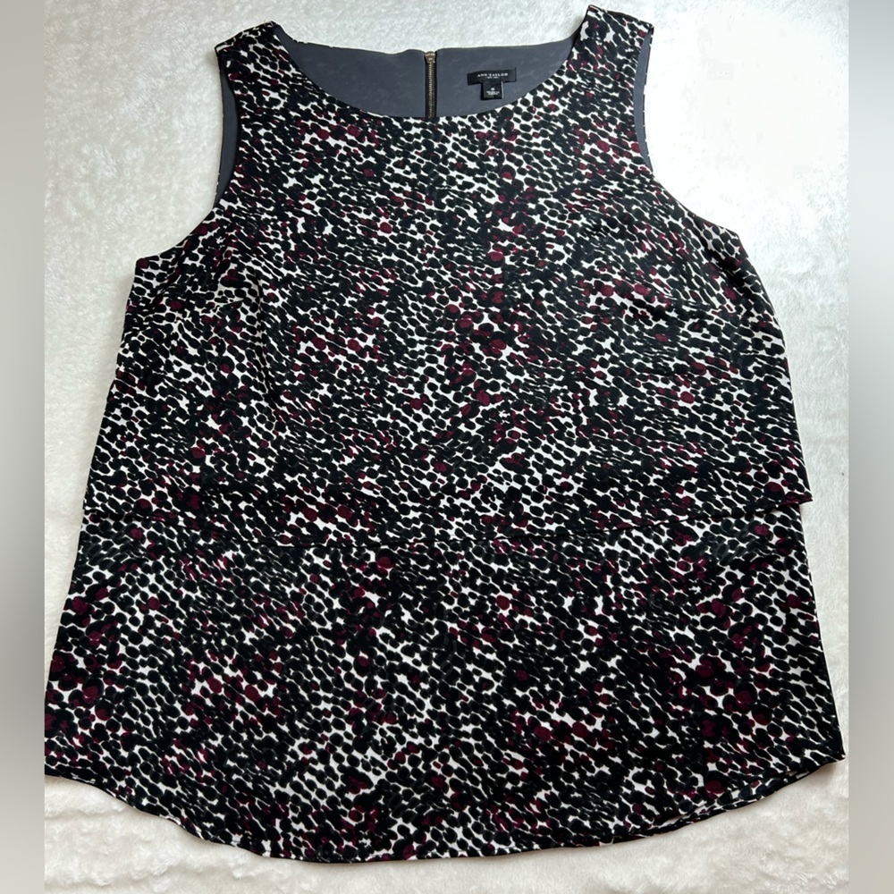Ann Taylor Black, White, and Plum Patterned Layered Zip Tank Top